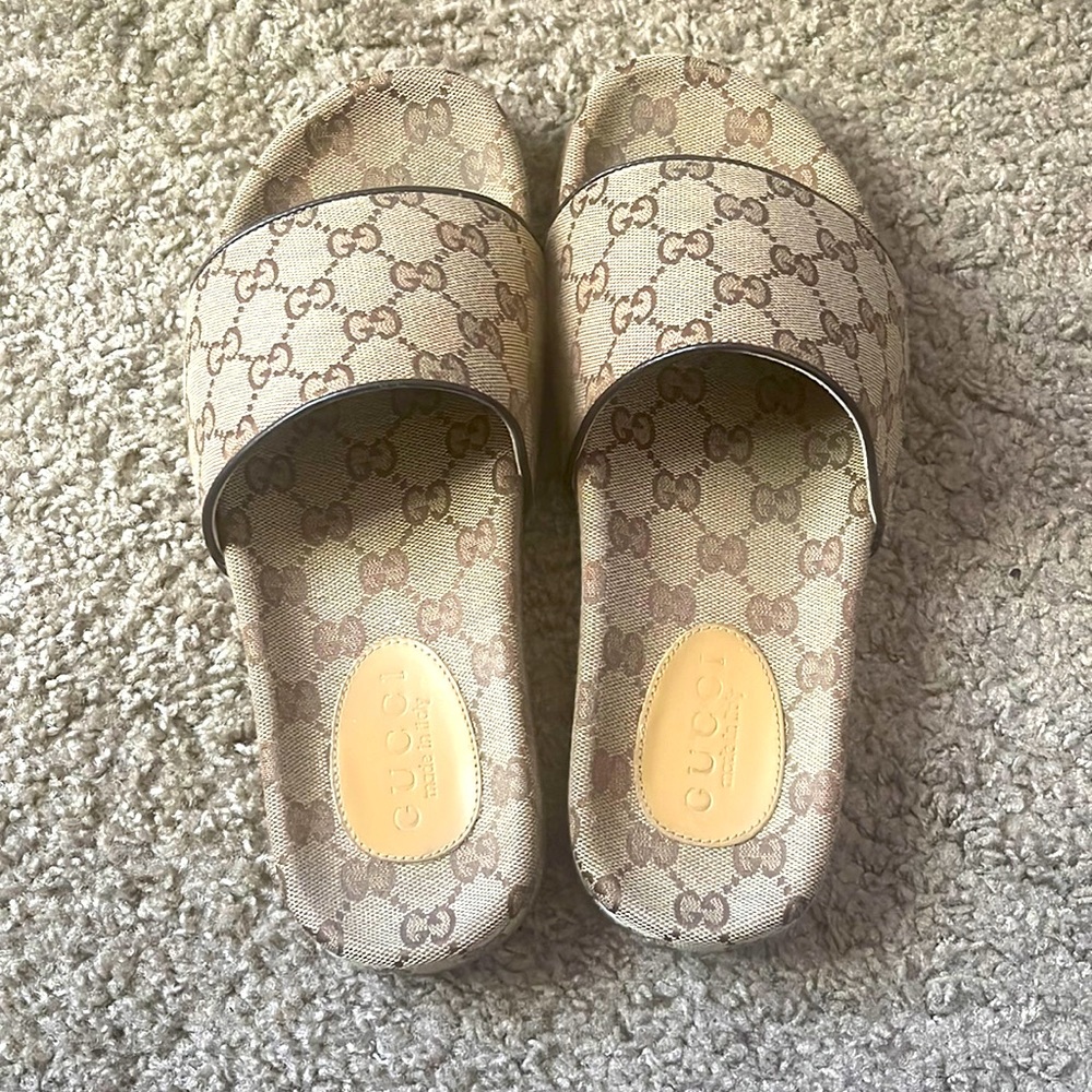 Beige Canvas GG Slide Sandals